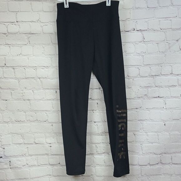 Justice Girls 10 Black Gold Logo Ankle Crop Legging Casual Stretch Knit Pants - Picture 2 of 5
